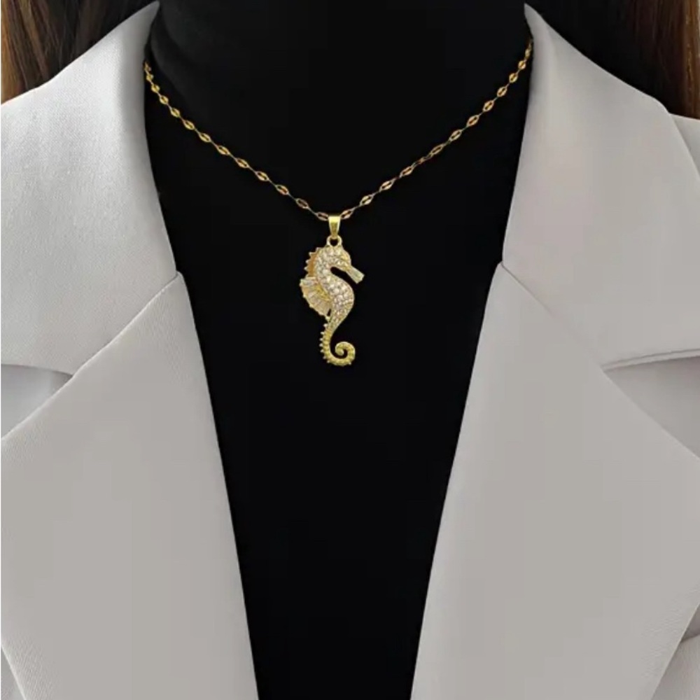 SOLD. 18K Gold Plated, CZ Zircon, Seahorse Pendant Necklace.
